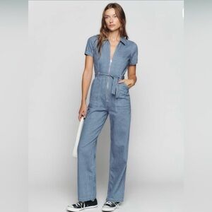 Reformation Cassidy Denim Jean Striped Zip Jumpsuit